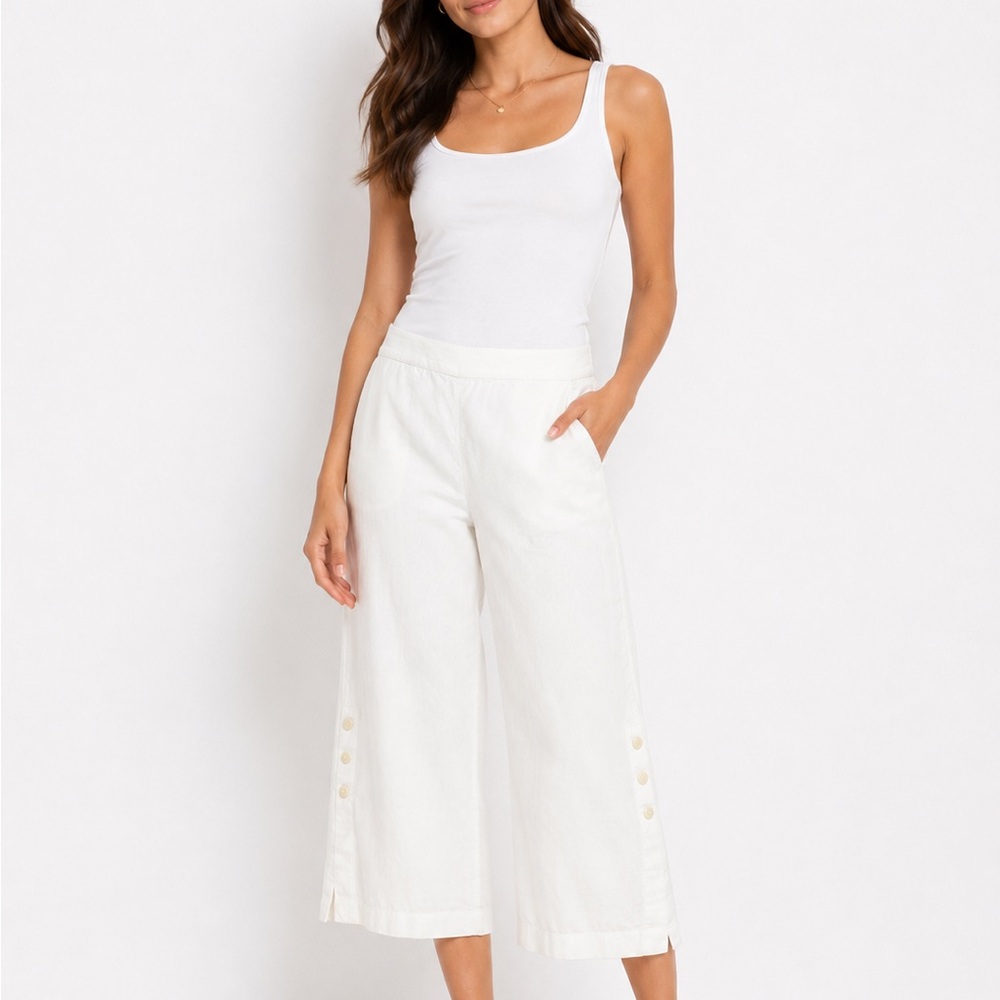 Soft Surroundings linen blend White Wide-Leg Cropped Pants Side‎ Buttons L